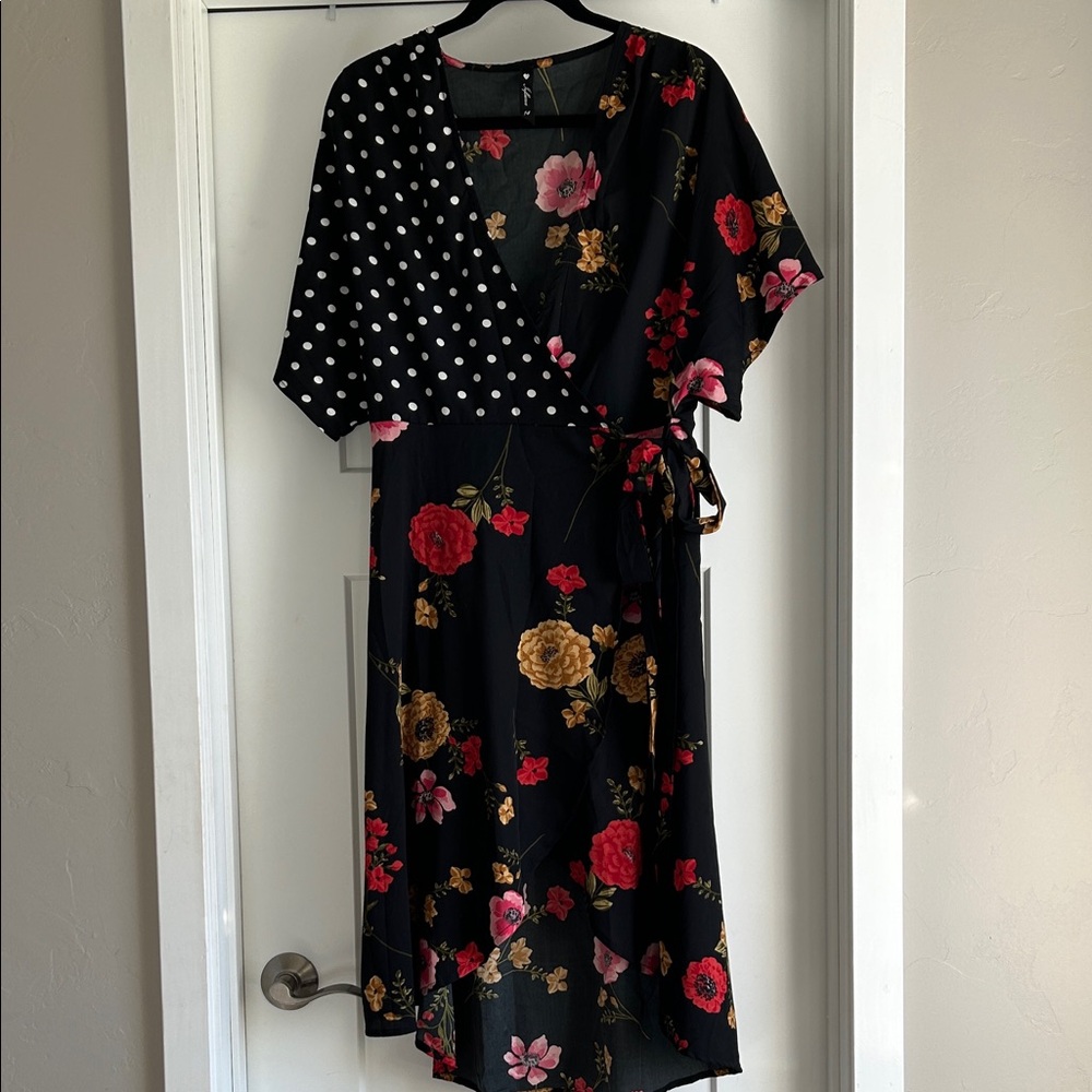 Chic Asymmetrical Black Floral Wrap Dress